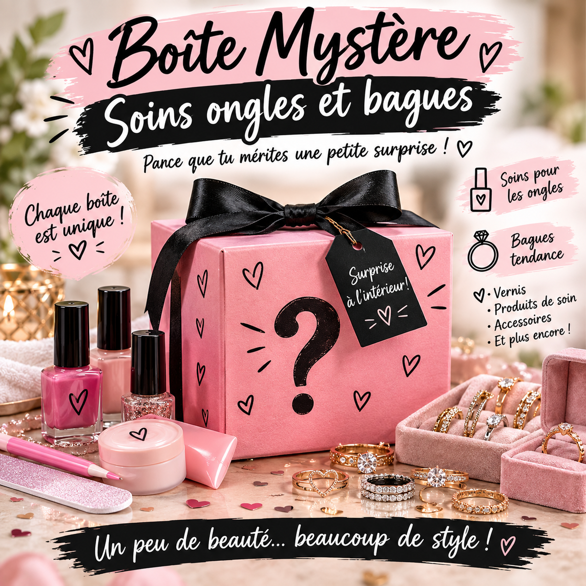 Boite mystères soins ongles et bagues small, medium valeur 15$