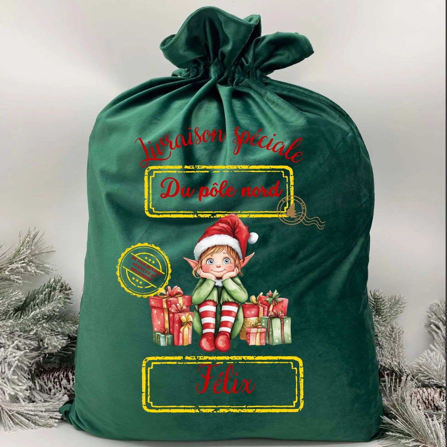 Poche à cadeaux en velour *personnalisable * lutin ou lutine