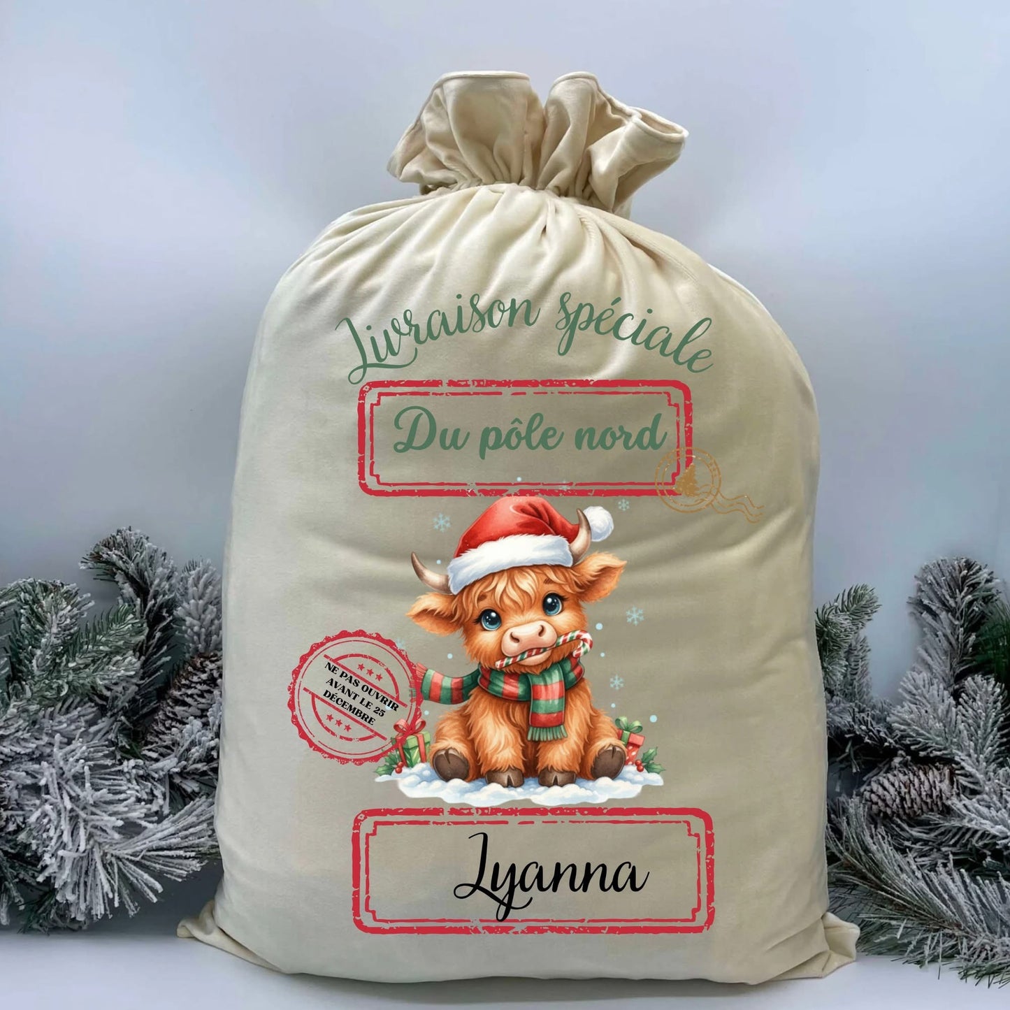 Poche à cadeaux en velour vache higland *personnalisable*