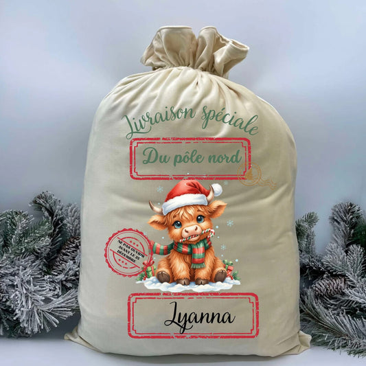 Poche à cadeaux en velour vache higland *personnalisable*