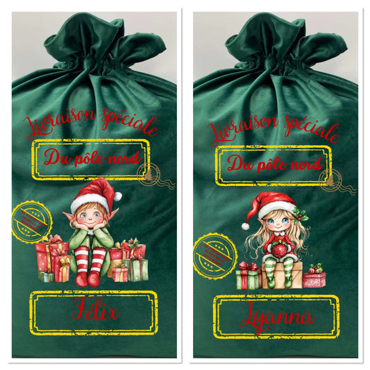 Poche à cadeaux en velour *personnalisable * lutin ou lutine